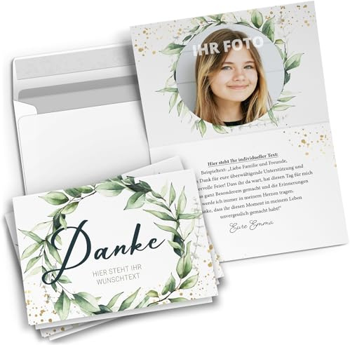Dankeskarten personalisiert mit Umschlag mit eigenem Text und Foto | 30 Karten mit Umschlag -Danke Danksagung Karten Eukalyptus Gold Look