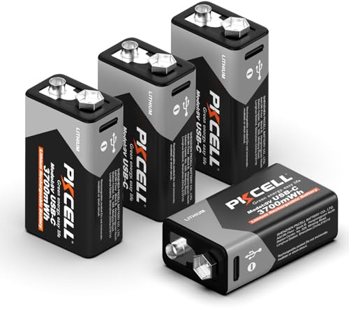PKCELL Rechargeable 9V Batteries 4-Pack, 3700mWh 9 Volt Lithium Battery USB-C Recharge, 9V Battery for Smoke Detector, 1.5 Hours Quick Charge（Charging Cable Not Included）