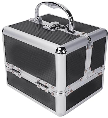 CROWNSHOP Makeup Box Trays Aluminium with Compartment Large Capacity Vanity Cosmetic Organizer Nail Box for Jewelry Cosmetics Accessories 4 Layers (Black)