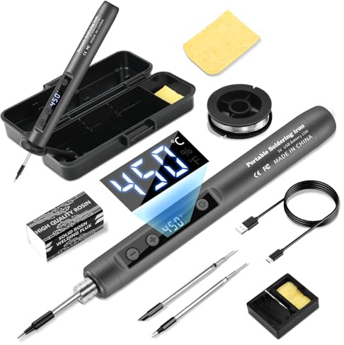 VOKTTA Cordless Soldering Iron Kit with 3 Soldering Tips, LCD - Gray | Adjustable Temperature 180-450°C, For Repairing Circuit Boards, Welding Repairs