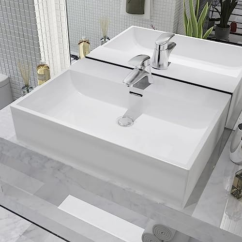 Vasque à Poser Salle de Bain,Vasque avec trou de robinet en céramique Blanc 60,5x42,5x14,5cm,Evier Cuisine pour Cuisine, Wc d'invités