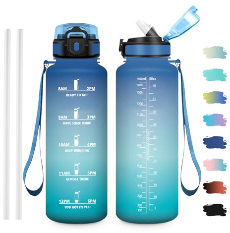 JAPORIA Gourde Motivation 1.5L, Gourde avec Paille et Marqueur de Temps, Bouteille d'eau sans BPA, Bouteille pour Fitness, Yoga, Bureau, Randonnée