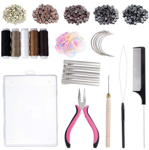 Hair Extension Tools Kit with Storage Case 500 Silicone Lined Ring Beads,1 Plier, 1 Threader,1 Crochet Hook,10 Curved Hair Needle,5 Hair Clips,5 Rolls Sewing Threads,100 Rubber Bands(StyleA)