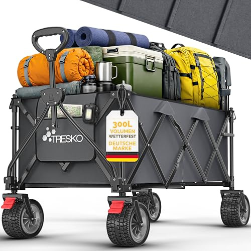 TRESKO® Bollerwagen faltbar 300L mit Bremse | Handwagen klappbar 150kg | Transportwagen inkl. Vollgummireifen | Faltbarer Strandwagen Extra Breite All-Terrain-Räder | Campingwagen mit Tragetasche