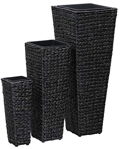 Qnhdfrt Set of 3 Black Water Hyacinth Elevated Planters | Includes removable plastic inner pots for easy plant care, designed for indoor display in living rooms and entryways.