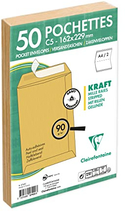 Clairefontaine 5742C - confezione de 50 Buste Kraft Scanalate Marrone C5-162x229 mm - Autoadesive - 90g/m²
