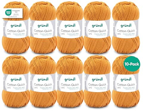 Gründl Cotton Quick Uni stickgarn/virkgarn, 10 nystan om 50 g (färgglatt garn tillverkat av 100% bomull, OEKO-TEX certifierad, 50 g/125 m, nåltjocklek: 3 – 4, 10 x 50 g), senap