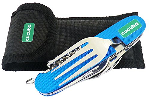 Cucuba® SET DE CUBIERTOS DE 4 PIEZAS (CUCHILLO, TENEDOR, CUCHARA, ABREBOTELLAS) DE COLOR AZUL IDEAL PARA IR DE CAMPING MONTAÑISMO Y OTRAS ACTIVIDADES AL AIRE LIBRE