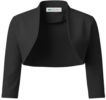 Bolerose Boléro Femme Cérémonie Manches 3/4 Col Montant | Devant Ouvert, Tissu Extensible, Coupe Courte, Sans Bouton ni Zip, Lavable en Machine, Tailles XS-5XL