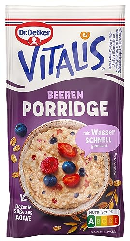 Dr. Oetker Vitalis Porridge Beeren, 10 x 53 g, Mischung für Haferbrei mit roten Früchten, schnell & einfach zubereitet, dezente Süße aus Agave, Idee fürs Frühstück