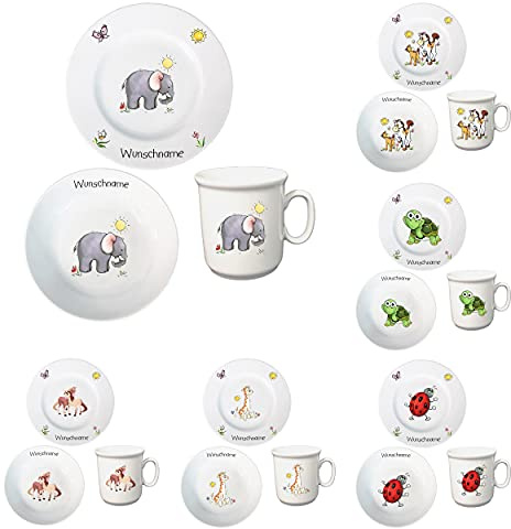 Kindergeschirr personalisiert - Frühstücksservice 3-tlg. Porzellan Teller Becher Schale personalisierbar mit Wunschname Name Frühstücksset mit Namen personalisiert (Elefant)