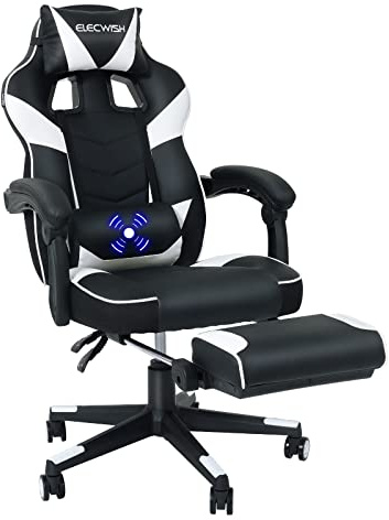 YU YUSING Gaming Stuhl Ergonomisch mit Fußstütze, Massage Bürostuhl Racing | Gaming Sessel Höhenverstellbar , Schreibtischstuhl Computerstuhl 150° Rückenlehne Verstellbar, Kopfstütze (Schwarz & Weiß)