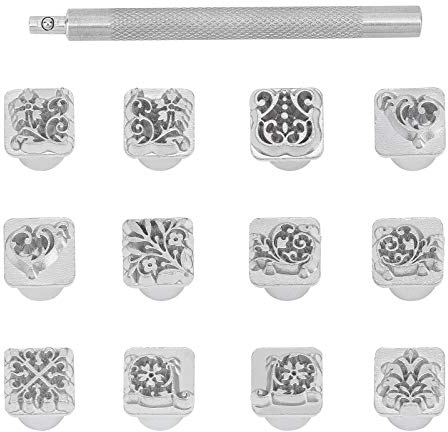 PandaHall 12pcs 10mm motivo floreale in metallo timbri set di punzoni con 1 manico per borsa da cintura artigianale in pelle marcatura gioielli fai da te, lega di zinco