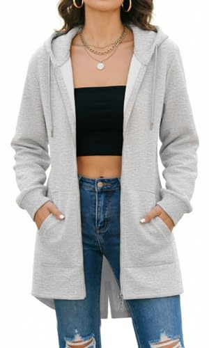 Tuopuda Übergangsjacke Damen Lang Sweatjacke Kapuzenjacke Zip Kapuzenpullover Lose Jacken Einfarbig Sweatshirt Langen Mantel Outwear Fleecejacke für Outdoor Alltag, Grau, L
