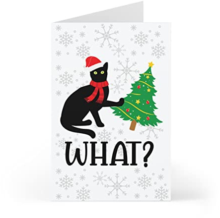 Julkort med svart katt, roligt julgratulationskort för kattälskaren!