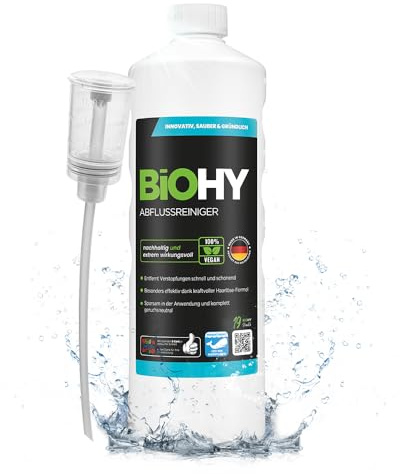 BiOHY Abflussreiniger (1l Flasche) + Dosierer | mit spezieller Haarweg-Formel | Bio Konzentrat für Küche & Bad | entfernt selbst hartnäckigste Verstopfungen | ohne ätzende Dämpfe & Gerüche