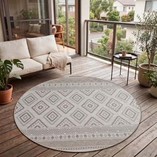 Paco Home Outdoor Teppich, Wetterfest, UV-beständig & Pflegeleicht, Flachgewebe Modern Boho-Style. Ideal für Terrasse Balkon Wohnzimmer & Küche, Grösse:120 cm Rund, Farbe:Beige 2