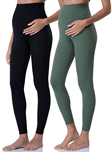 POSHDIVAH Leggings da Donna Premaman sopra la Pancia, Pantaloni da Yoga per Gravidanza, Abbigliamento Attivo, Leggings da Allenamento, Nero Granchio Verde, M
