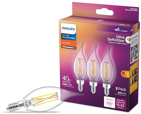 PHILIPS LED 40W BA11 E12 Base 3-Pack Ultra Definition Soft White (2700K) 300 Lumen (3.5W = 40W) Dimmable Frosted Flicker-Free Candelabra Light Bulbs