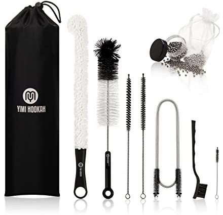 Yimi Hookah® Cleaning Kit | Flexible Drain Brush | V Shape Angled Brush | Test Tube Brushes and Micro Brush | Decanter Cleaning Beads | Flexible Bottle Scourer| Hookah Shisha Brush Set.