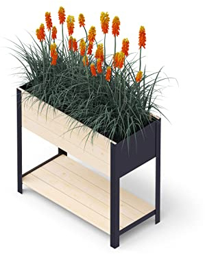 Upyard ModernBox hög modern träsäng – ergonomisk upphöjd säng för balkong, terrass, trädgård – planteringslåda för grönsaker och örter, 78 x 36 x 72, naturträ