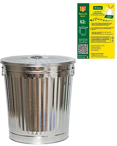 Jinfa 1er-Set Retrodesign verzinkter Metalleimer mit Griffen und Deckel + 5 Müllbeutel | Zink | 62L