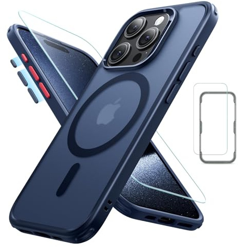 ESR Cover Magsafe per iPhone 15 Pro Max, Set 4-in-1, blu | con protezione schermo, Protezione militare anti-caduta, Cover opaca traslucida
