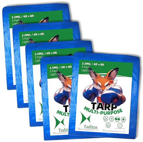 Taditus 2.5 Mil Waterproof Tarp 6x8 Ft (5 Pack) | All-Weather Light Duty Upgraded 2.0 | Camping DIY Home Cover