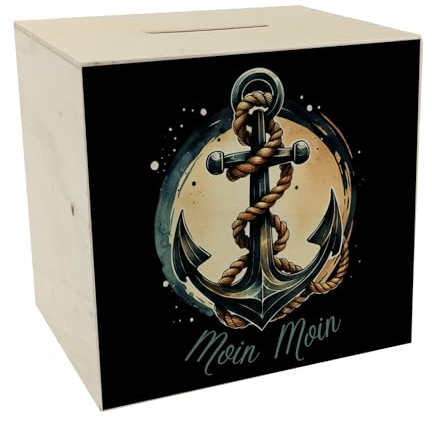 Anker mit Seil Spardose aus Holz mit Spruch Moin Moin Eisenanker Umschlungenes Seil Marine Nautik Schiff Boot Dekorative Sicherung