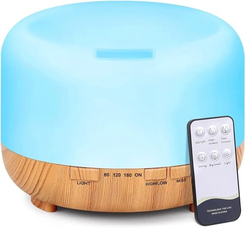 MU LIN Mulin Essential Oil Diffuser, Scented Oils and Aromas, Humidifier, RGB 7 Luminous Colours, 500 ml with Adjustable Timer with Remote Control, Ultrasonic and Quiet, Living Room, Yoga, KP-500ML