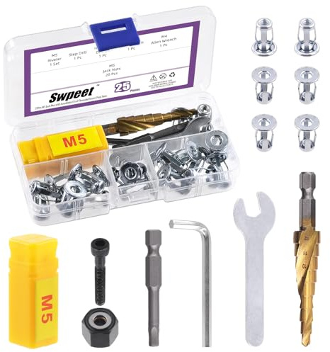 Swpeet 25 tuercas M5 Jack y tuercas de remache de mano M5, mandril con herramienta de instalación, kit surtido, tuercas de flores, tuercas de jacknut, tornillos Phillips Insert Bit hexagonal vástago