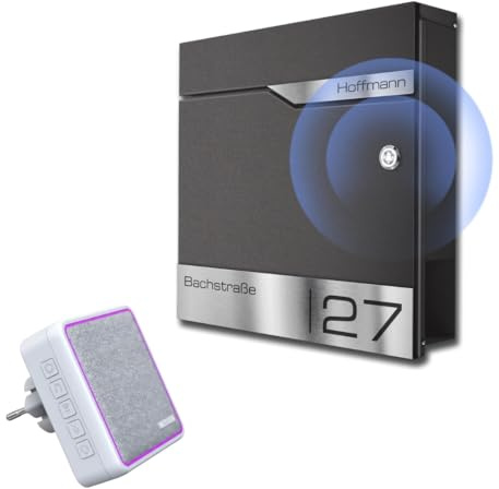 Metzler individueller Briefkasten mit Funkklingel und Steckdosen-Funk-Empfänger inklusive Gravur in DB 703 Eisenglimmer, mit Zeitungsfach personalisiert mit Edelstahl V2A Namensschild | Siebert