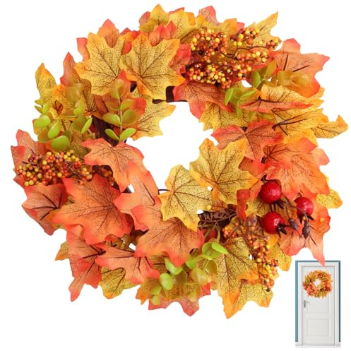 Husalsea 30CM Herbstdeko Türkranz, Künstliche Herbstblätter & Granatapfel, Perfekte Halloween Deko und Herbst Kranz für Außenbereich