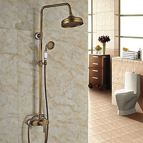 Antique Brass Thermostatic Shower Mixer Set with Rainfall Shower Head Retro Style Bathroom Shower Column Set 20.3 cm Shower Heads