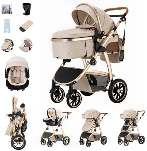 Zkiprm Baby Stroller 3-in-1, Travel System Includes Car Seat, Pram, Stroller with Adjustable Armrests, Impact Protection, Landscape High Aluminum Frame