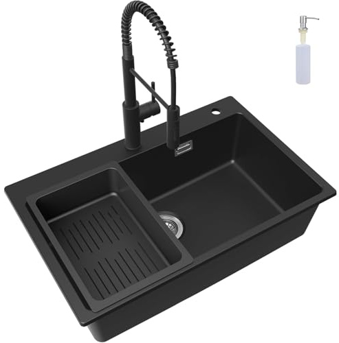 CECIPA Évier Granit Noir 70x45Cm Grand Bac, Robinet Avec Douche Extractible, Encastrable Pour Meuble 80Cm, Ensemble Vidange Inclus