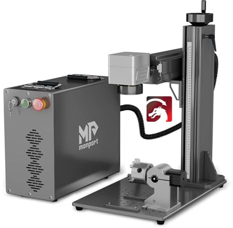 Monport 100W GPRO Faserlaser Graviermaschine mit Rotary, LightBurn kompatible 10000mm/s schnelle präzise Lasergravur, MOPA Farbmarkierungsmaschine mit rote Punktzeiger BSL enthalten für Metall Holz