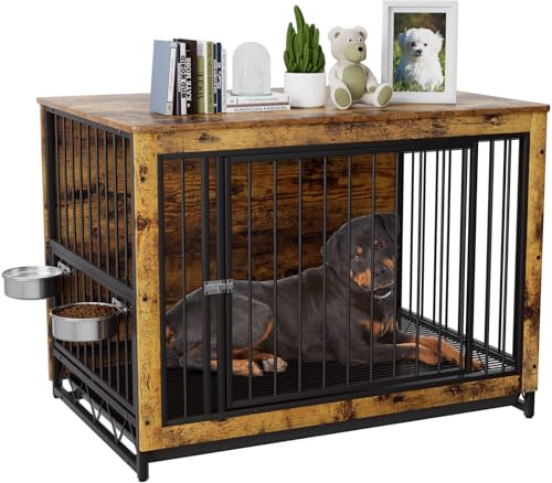 LIFERUN Hundekäfig Möbel,Hundekäfig für Zuhause im Möbelstil,93x64x58cm,Indoor Hundekäfig für Mittelgroße Kleine Hunde bis zu 40kg,mit Abnehmbares Tablett,Hundebox mit 2 Hundenäpfe und Tür,Holz,Braun