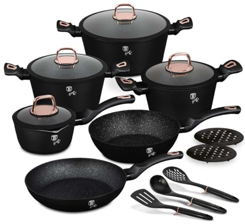 Berlinger Haus Juego de vajilla de 15 piezas, colección Black Rose con superficie de titanio, aluminio forjado, revestimiento antiadherente, apto para inducción