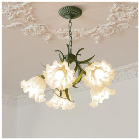 Chandelier, Pendant Light Flower, 5-Light Ceiling Light, with White Glass Tulip Shades for Living Room Dining Room Bedroom