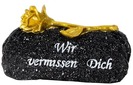 MF Dekorativer Grabstein mit Goldener Rose, 'Wir vermissen Dich' Inschrift, 16 cm x 8,5 cm, Schwarz-Gold