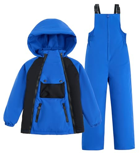 JiAmy Tuta da neve per bambini, 2 pezzi, invernale, con cappuccio, piumino e pantaloni da neve, ultraleggero, per ragazzi e ragazze, blu 5-6T