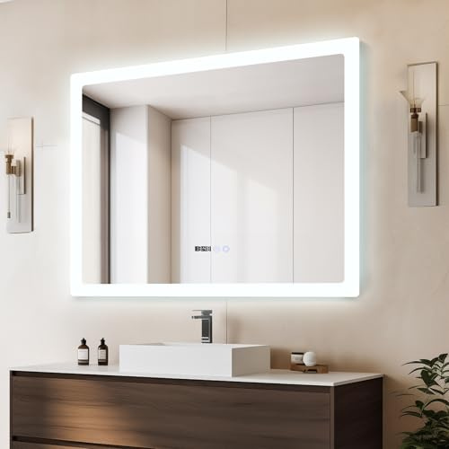 YU YUSING Badspiegel mit Beleuchtung 100x80cm Badezimmerspiegel LED mit Uhr | 3 Lichtfarben Dimmbar, Beschlagfrei Wandspiegel mit Touch-Schalter, Spiegel Badezimmer Timer-funcktion, Gehärtetes Glas IP44
