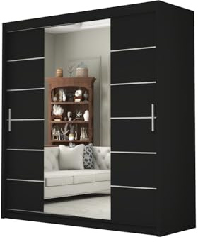 DELUXEWARE 2&3 Doors Sliding Door Wardrobe with Matt Finish – Bedroom Wardrobe with Full Length Mirror, Hanging Rail & Shelves | Strong MDF Storage Cabinet for Bedroom Furniture. (Black, 203cm)