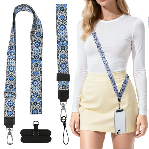 HONZUEN Cordino per Cellulare Universale, Set Lanyard con Laccio da Polso e Tracolla Piatta Estensibile, 2 Toppe per Cordino Cellulare Compatibili con Tutti gli Smartphone, Blu Boho