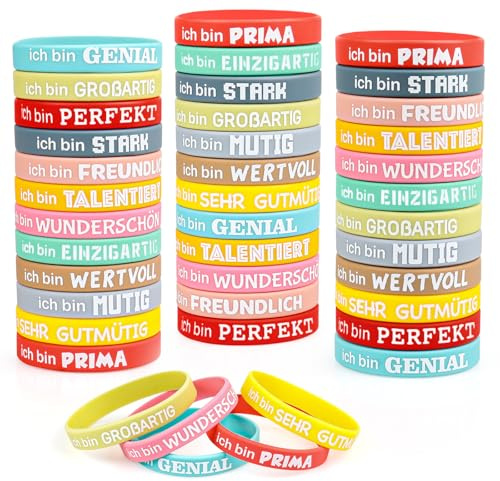 Gemi 36 Stück Motivationsarmbänder Kinder auf Deutsch, 21cm Inspirierenden Sprüchen Silikon Armband Kinder, Kleine Geschenke Weihnachtsgeschenke, Schultüte Füllung, Abschiedsgeschenk Schule