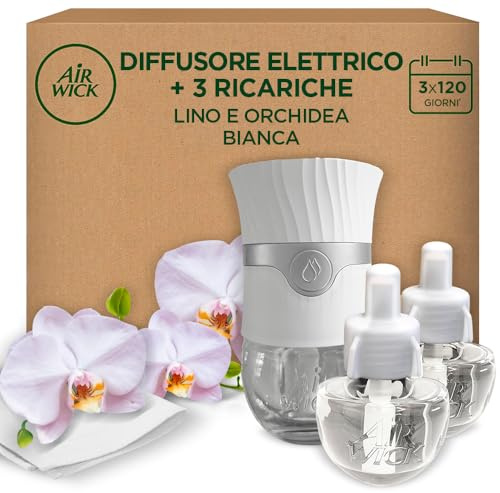 Air Wick Diffusore Elettrico di Oli Essenziali, 1 Diffusore Elettrico Gadget e 3 Ricariche, Fragranza Lino e Orchidea Bianca, 1 Diffusore e 3 Ricariche x19ml