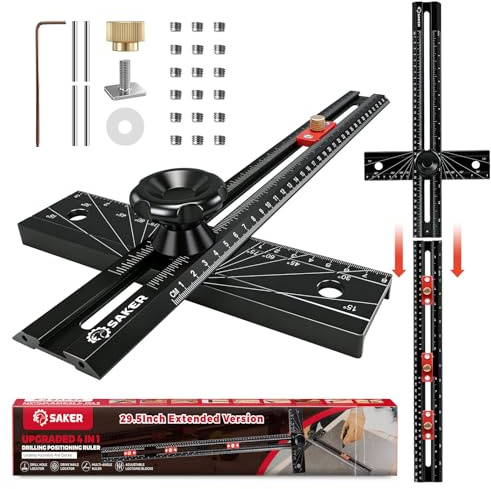 Saker 4-in-1 Scriber Marking Line Ruler, 29.5in Spliceable Extended T Square, Precision Line Drawing & Drilling Positioning Tool, Cabinet Hardware Jig with Angle Adjustment for Woodworking