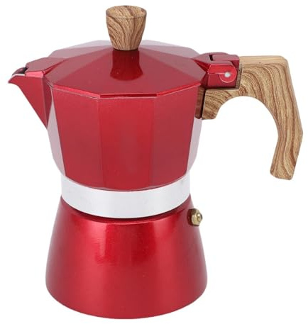 TARSHYRY Cafetière Italienne en Alliage D'aluminium de qualité Supérieure, Poignée en Grain de Bois, Brassage Rapide, Camping, café Cubain, Maison Rouge (Capacité de 3 tasses)