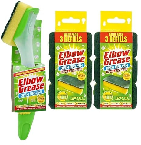 Washing up brush Set - Handle plus 7 Heavy Duty Sponge Refills. Washing Up Sponges Soap Dispensing Magic Handle, Super Scrubbing Kitchen Cleaner Scourer Bathroom Scrub Sponge Scraper Refill